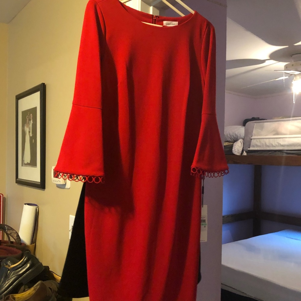 Red Calvin Klein bell sleeve sheath dress